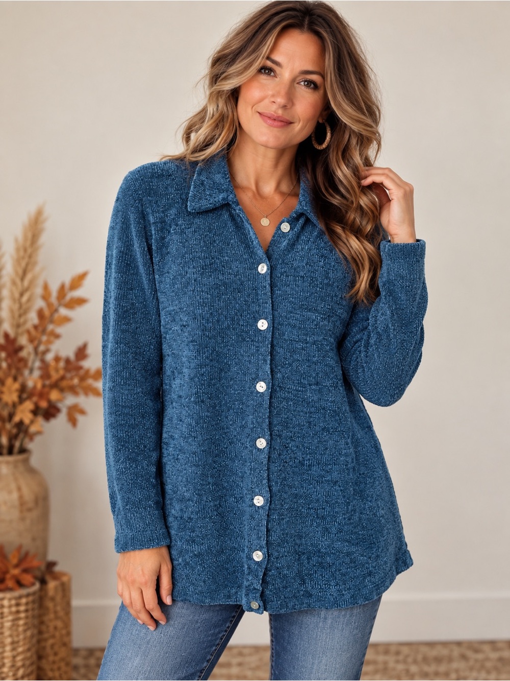 🍂💙 Denim & Co. Size L Ultra Soft Cozy Button Front Top 💙🍂